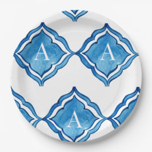 Mediterraan tegel monogram rond blauw kobalt papieren bordje
