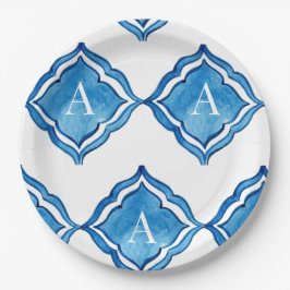 Mediterraan tegel monogram rond blauw papieren bordje