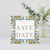 Mediterraan tegel vierkant trouwkaart Save the Dat Date (Staand voorkant)
