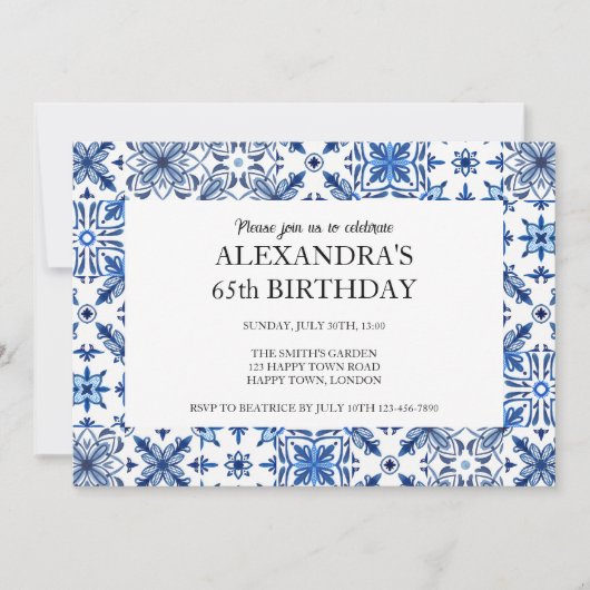 Mediterraan tegelkader verjaardagsfeest kaart (Voorkant)