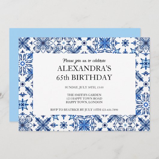Mediterraan tegelkader verjaardagsfeest kaart (Voorkant / Achterkant)