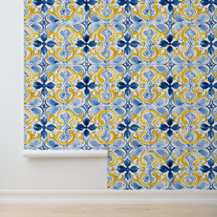 Mediterraan tegelpatroon blauw geel marmer behang