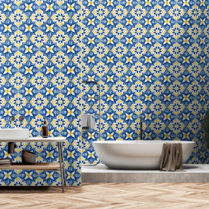 Mediterraan tegelpatroon bloemig blauw geel behang