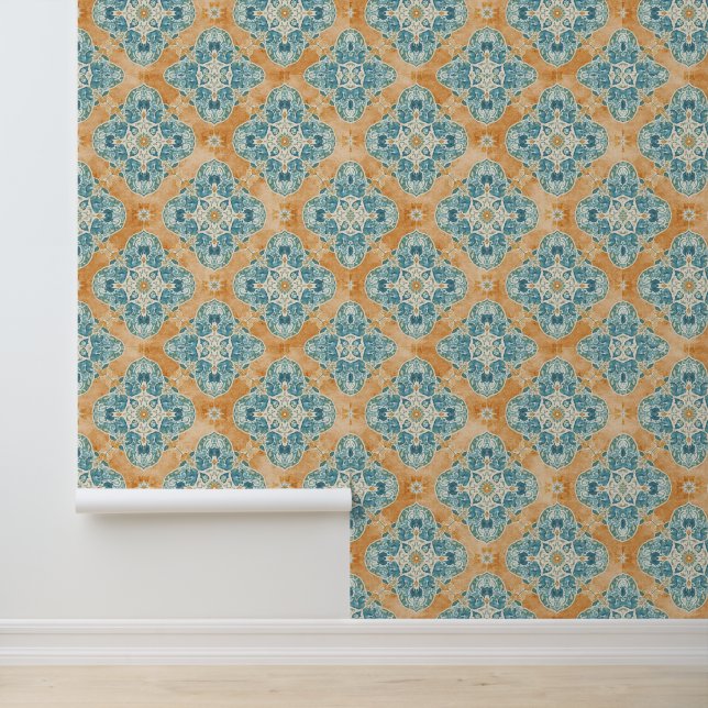 Mediterraan Terracotta & Blauwe Tegel Behang (Applicatie)