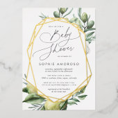 Mediterraan tuingroen botanisch Baby shower Folie Uitnodiging (Voorkant)