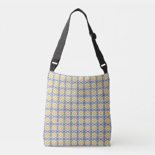 Mediterraan uitzichtpatroon in blauw, goud en wit crossbody tas