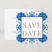 Mediterraan Vierkant Blauw Bruiloft Save the Date (Voorkant / Achterkant)