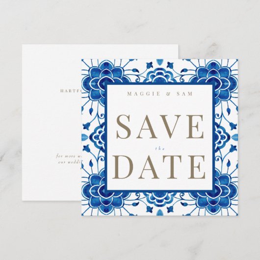 Mediterraan Vierkant Blauw Bruiloft Save the Date (Voorkant / Achterkant)