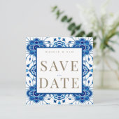 Mediterraan Vierkant Blauw Bruiloft Save the Date (Staand voorkant)