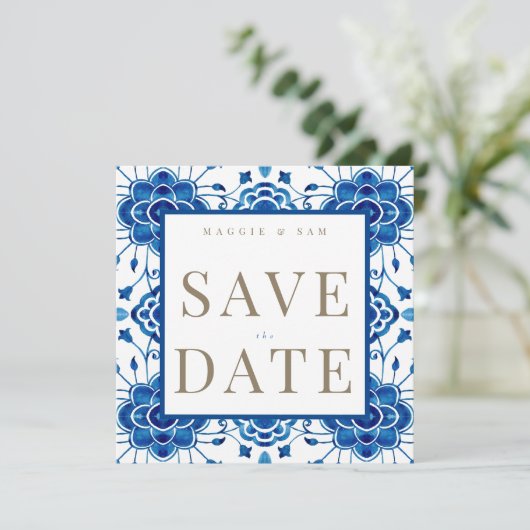 Mediterraan Vierkant Blauw Bruiloft Save the Date (Staand voorkant)