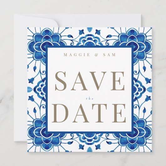 Mediterraan Vierkant Blauw Trouwen Save the Date (Voorkant)