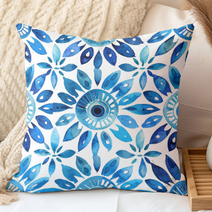 Mediterraan Waterverf Blauw Tegelpatroon Kussen