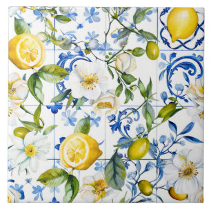Mediterraan waterverfblauw patroon en citrus tegeltje