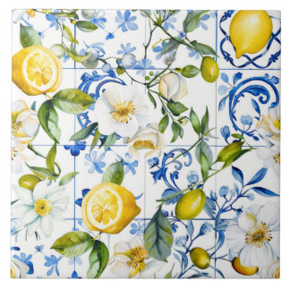 Mediterraan waterverfblauw patroon en citrus tegeltje