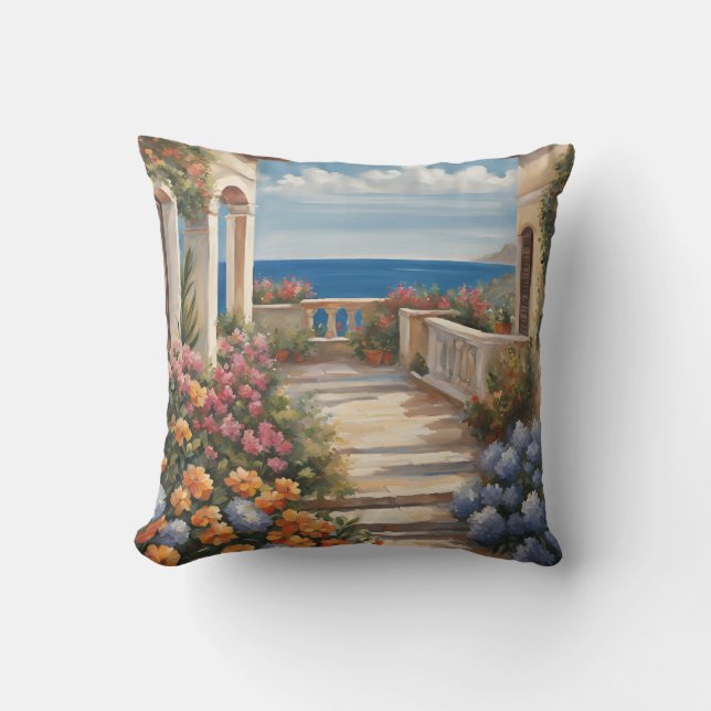 Mediterraan Zee Uitzicht met bloemen Kussen (Voorkant)