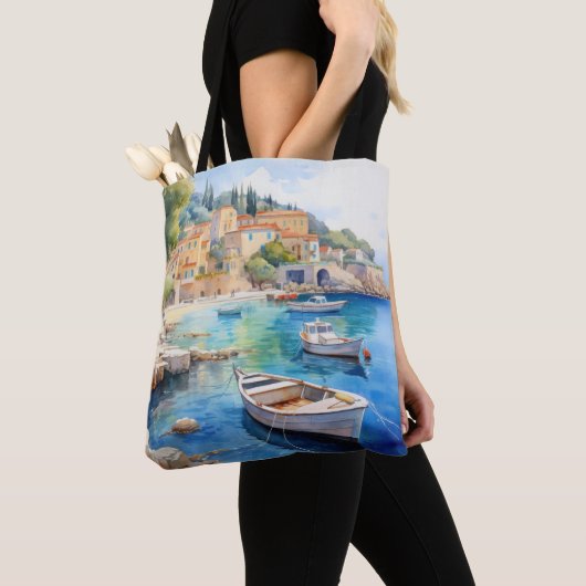 Mediterraan Zeegezichten Olieverf Ontwerp Tote Bag (Dichtbij)