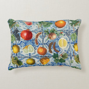 Mediterraan zomerfruit en blauw wit mozaïek accent kussen