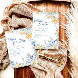 Mediterraans blauw en citroen thee party bruids kaart