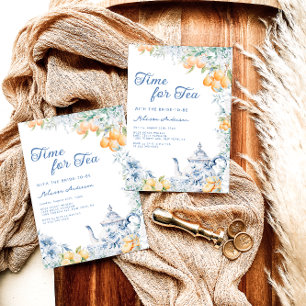 Mediterraans blauw en citroen thee party bruids kaart