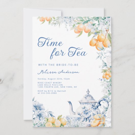 Mediterraans blauw en citroen thee party bruids kaart (Voorkant)