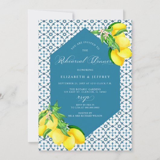 Mediterraans Blauw Tegels Lemon repetitie diner Kaart (Voorkant)