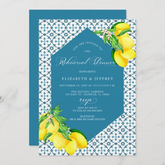 Mediterraans Blauw Tegels Lemon repetitie diner Kaart (Voorkant / Achterkant)