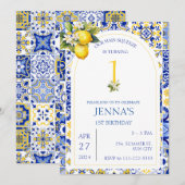 Mediterraans Citroenblauw Tegels 1e 2e Verjaardag Kaart (Voorkant / Achterkant)