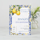 Mediterraans Citroenblauw Tegels Italiaans Verjaar Kaart (Staand voorkant)