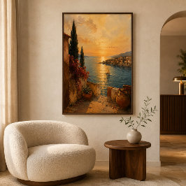 Mediterraans kunstwerk met gouden zonsondergang en perfect poster