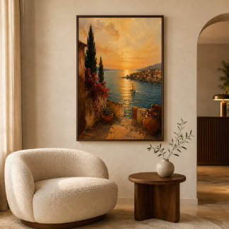 Mediterraans kunstwerk met gouden zonsondergang en perfect poster