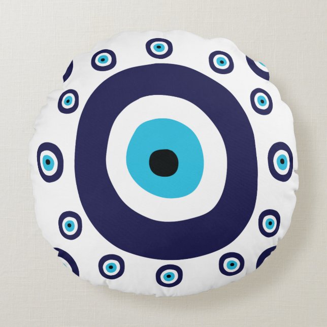 Mediterraans Marine Aqua Blue Nazar Lucky Evil Eye Rond Kussen (Voorkant)