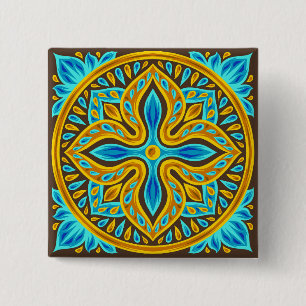 Mediterraans Marokkaans tegelpatroon blauw en goud Vierkante Button 5,1 Cm