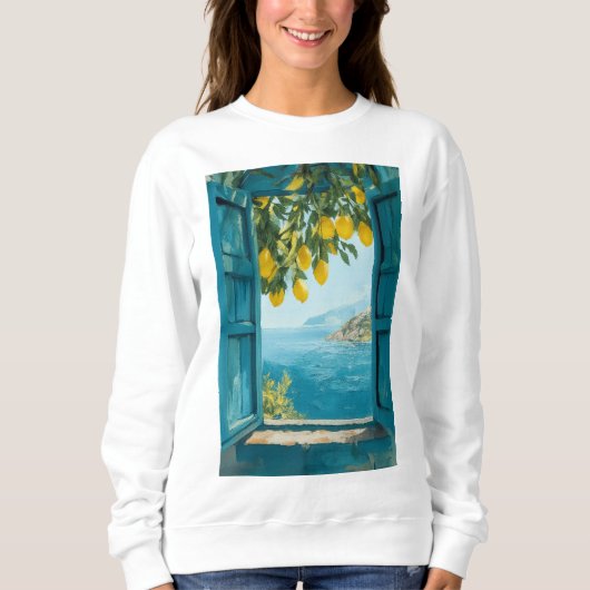 Mediterraans raamuitzicht afdrukbare kunst - Kust Trui (Voorkant)