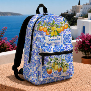 Mediterraans Siciliaans Blauw Geel Citrus Azulejo Bedrukte Rugzak