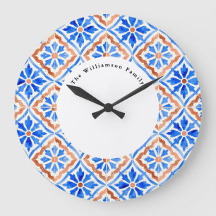 Mediterraanse Blauwe Azulejo-tegel Gepersonaliseer Grote Klok