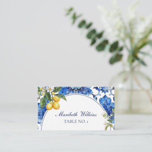 Mediterraanse Blauwe Tegel Citrus Citroen Plaatskaartje (Staand voorkant)