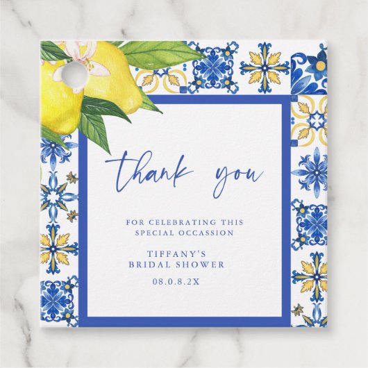 Mediterraanse Blauwe Tegels Citroenen Bruidsdiner Bedankjes Labels (Voorkant)