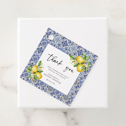 Mediterraanse Blauwe Tegels Citroenen Bruidsmeisje Bedankjes Labels (In situ)