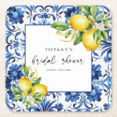 Mediterraanse Blauwe Tegels Citroenen Bruidsmeisje Kartonnen Onderzetters (Voorkant)