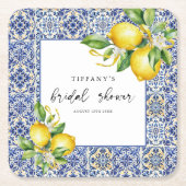 Mediterraanse Blauwe Tegels Citroenen Bruidsmeisje Kartonnen Onderzetters (Voorkant)