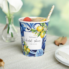 Mediterraanse Blauwe Tegels Citroenen Bruidsmeisje Papieren Bekers