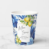 Mediterraanse Blauwe Tegels Citroenen Bruidsmeisje Papieren Bekers (Voorkant)