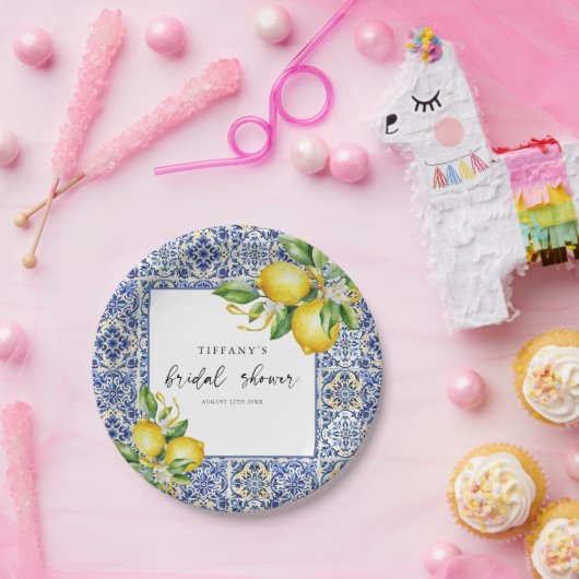 Mediterraanse Blauwe Tegels Citroenen Bruidsmeisje Papieren Bordje (Feest)
