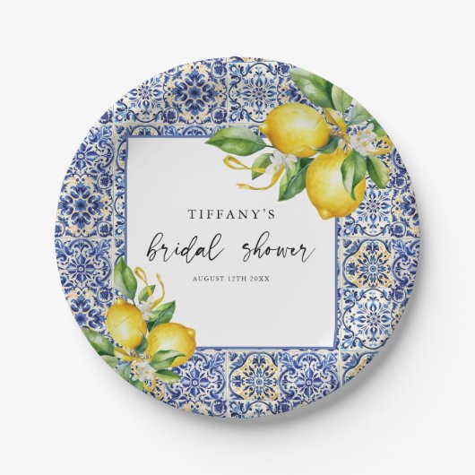 Mediterraanse Blauwe Tegels Citroenen Bruidsmeisje Papieren Bordje (Voorkant)