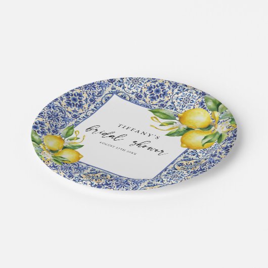 Mediterraanse Blauwe Tegels Citroenen Bruidsmeisje Papieren Bordje (Gekanteld)