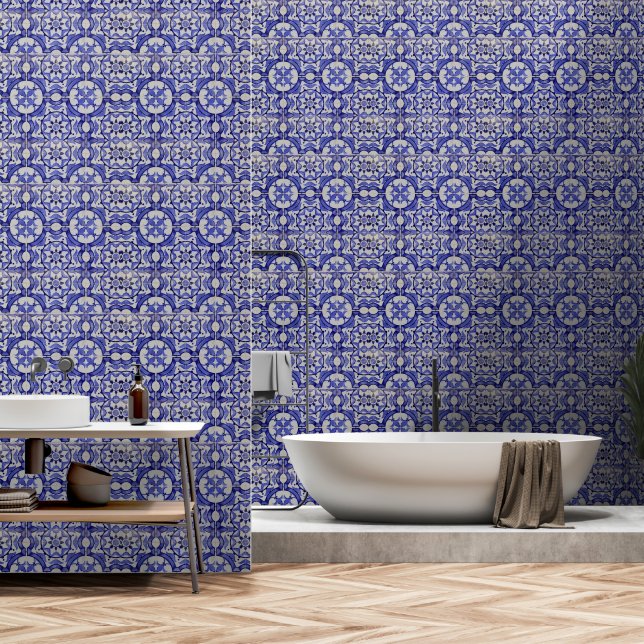 Mediterraanse Blauwe Tegels Portugese Azulejo   Behang (Badkamer)