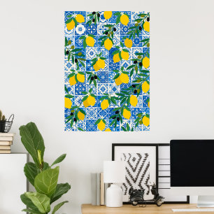 Mediterraanse citroen blauwe tegelpatroon kunstpos poster