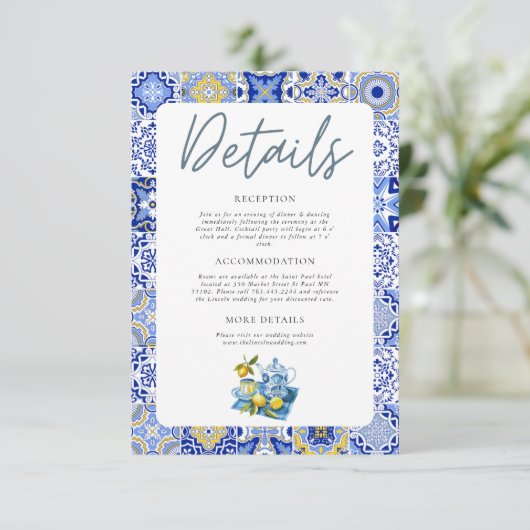 Mediterraanse citroen bruiloft details informatiekaartje (Staand voorkant)