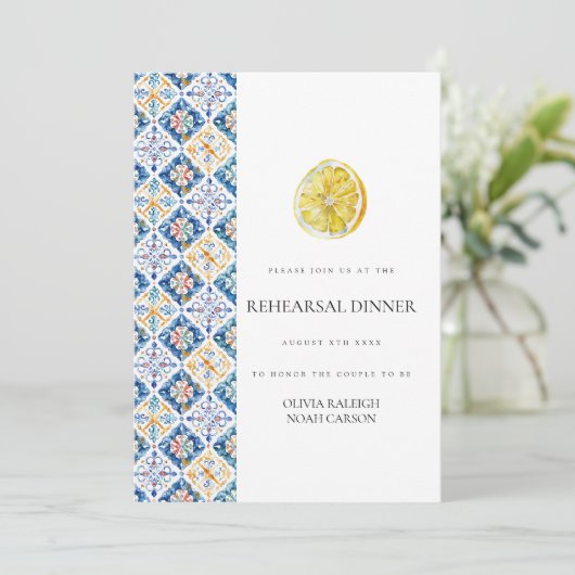 Mediterraanse citroen repetitie diner uitnodiging (Staand voorkant)