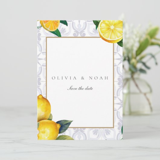 Mediterraanse citroen Save The Date Bruiloft Kaart (Staand voorkant)